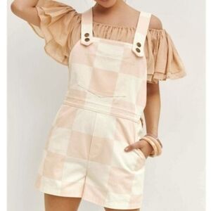 Anthropologie Hutch Pink White Checkered Side Button Short Overalls Sz XS
